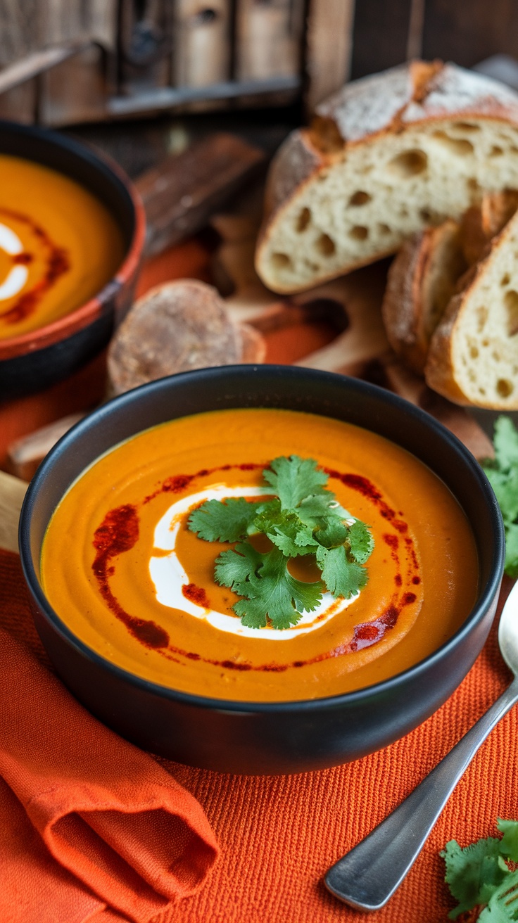 A bowl of creamy harissa pumpkin and carrot soup garnished with cilantro, with a rustic background.